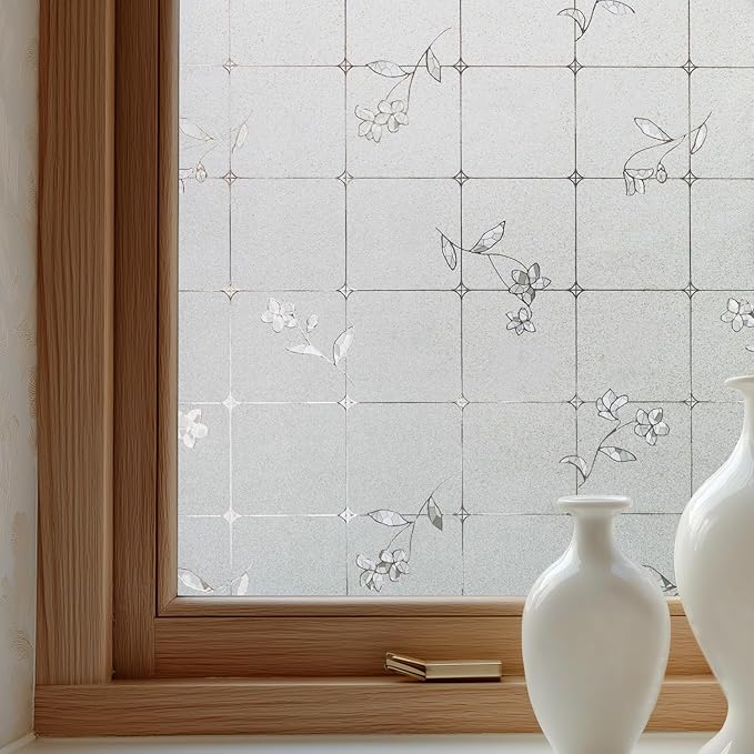 Window Privacy Film Decorative for Front Door, Bathroom Static Cling Stained Glass Sticker Opaque Heat Control UV Blocking Non-Adhesive for Home Windows, Fresh Flowers