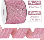 HUIHUANG Pink Wired Christmas Ribbon 4 inch Light Pink Glitter Wired Ribbon Diamond Mesh Wire Ribbon for X-mas Tree Decorations, Wreaths, Garland, Large Bows Making, Home Decor -10 Yards