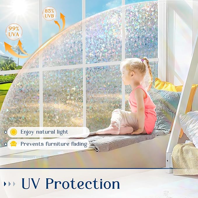 Haton Window Privacy Film, Rainbow Stained Glass Window Clings, 3D Decorative UV Sun Blocking Sticker, Removable Static Cling Heat Control Tint for Home Door, 17.5" x 78.7" Non-Adhesive