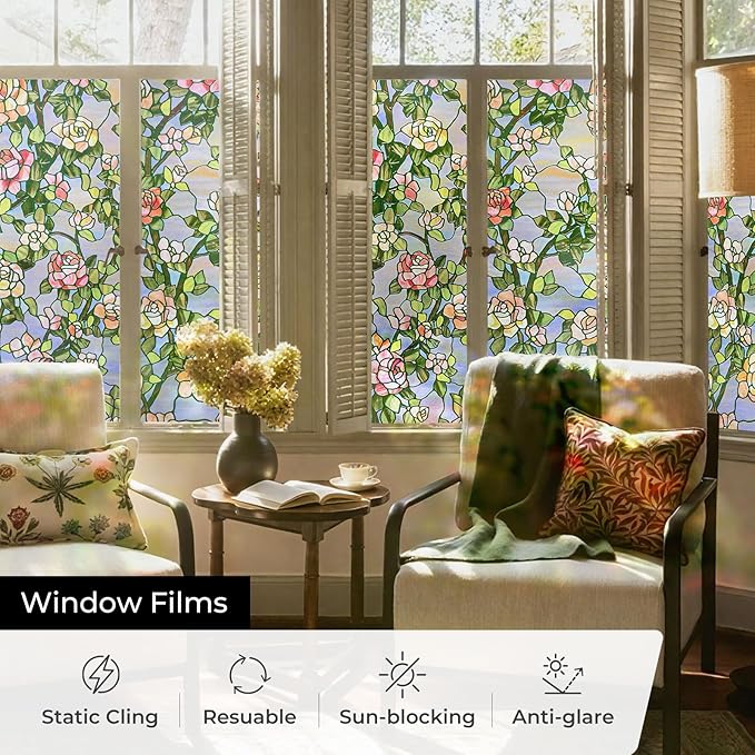 3D Stained Glass Window Film, Decorative Window Privacy Film for Bathroom, Front Door, Home, Sun Blocking Heat Control, Static Cling, Beast Rose 23.6inch x 35.4inch