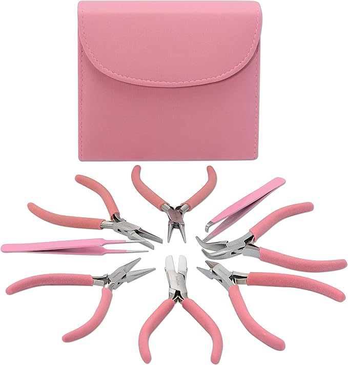The Beadsmith Fashion Color Pliers – Set of 8 Slimline Color-Coordinated Tools – Matching Clutch in Bubblegum – Jewelry Making Supply Kit to Create Necklaces, Bracelets, Earrings & More