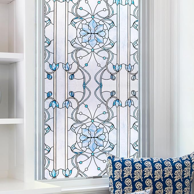 3D Stained Glass Window Privacy Film, Heat Control UV Blocking Static Cling Decorative Window Film for Bathroom,Front Door,Home Non Adhesive,35.4 x 78.7 inches Azure Bloom