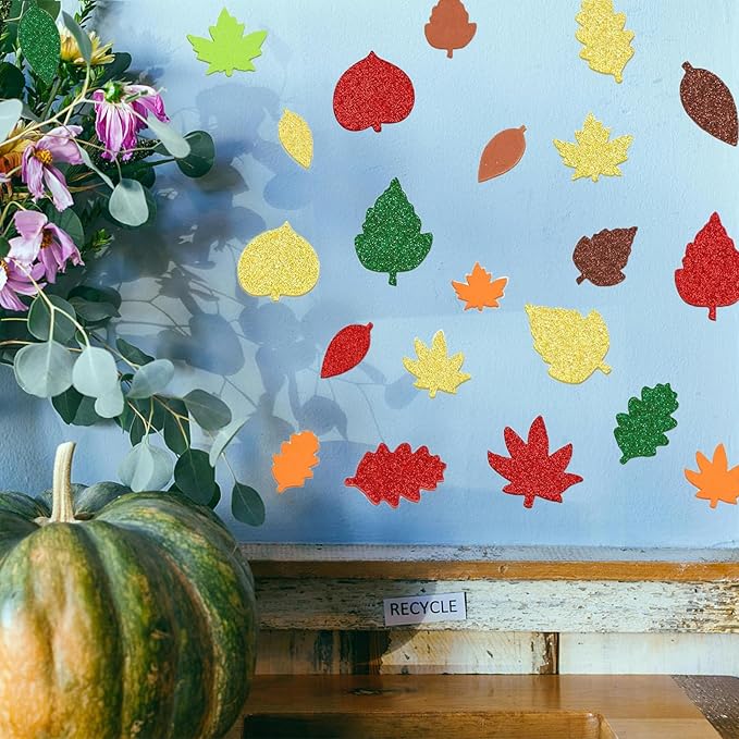 300Pcs Fall Foam Leaf Stickers, Autumn Glitter Maple Leaves Self Adhesive Foam Stickers Thanksgiving Party Favors DIY Crafts Decorations