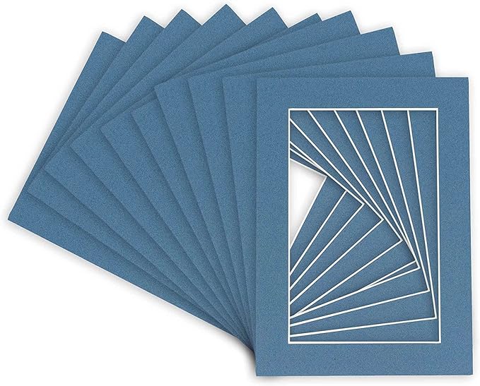 Pack of Ten Acid Free 8.5x11 Mats Bevel Cut for 7x9 Photos - Steel Blue Precut Matboards With Backing Boards and Self Seal Photo Mat Bags For Pictures, Photos, Framing - 4-ply Thickness
