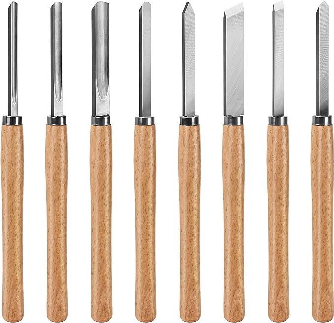 HAUTMEC Professional Wood Turning Chisel 8 pcs Set, Lathe Chisel Set with 2 Skew 1 Spear Point 1 Parting 1 Round Nose & 3 Gouge Tools for Beginners, Hobbyists and Professionals HT0237-WW