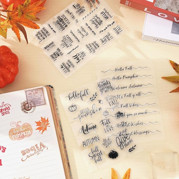 Whaline 4 Sheet Fall Thanksgiving Words Clear Stamps Greeting Words Pumpkin Maple Leaves Silicone Transparent Stamps Happy Fall Stamp Cards for DIY Craft Card Making Scrapbooking Embossing Album Decor