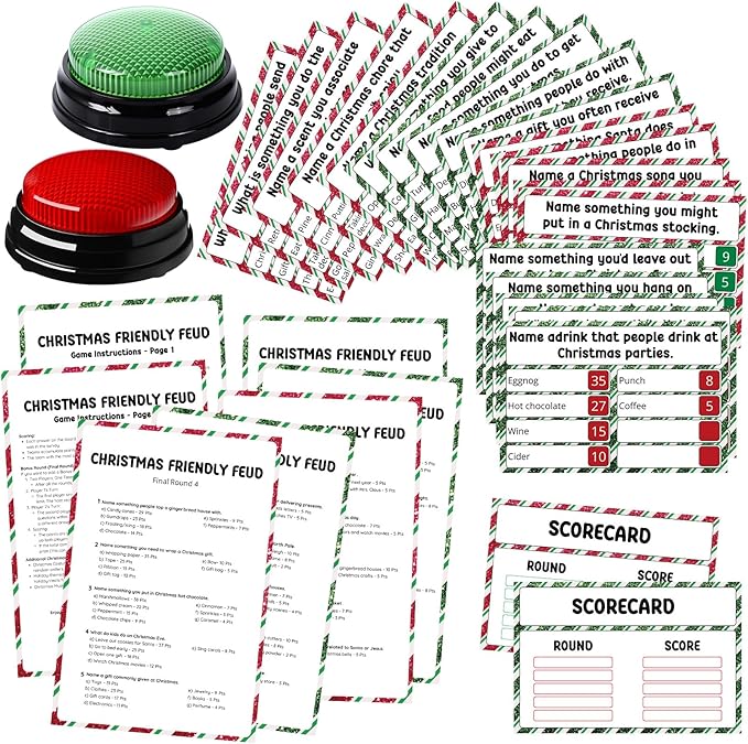 Christmas Friendly Feud Game with 2 Answer Buzzers, Holiday Feud Cards for Family Game Night Fun Trivia Quiz for Xmas Party Office Class Groups Team Building