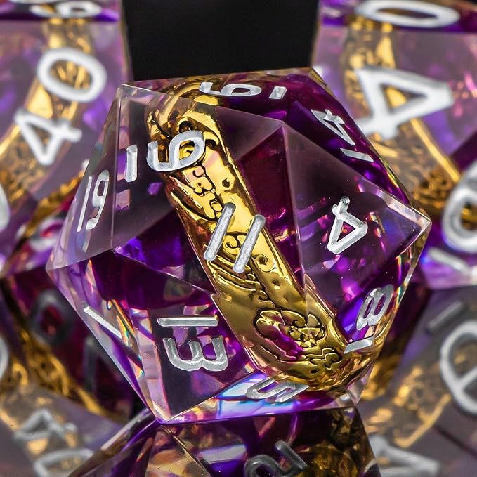 OUKELANWO Magic Lord Rings DND Dice Set with Box, 7Pcs Resin LOTR D&D Dice Set for Role Playing Game, Purple Dungeons Dragons D and D Sharp Edge Dice D20 D12 D10 D8 D6 D4