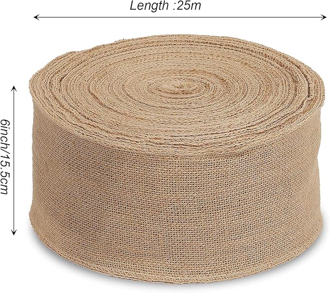 KINJOEK 6 Inch Wide 27 Yards Burlap Ribbon, Natural Jute Fabric Ribbon, Crafts Ribbon for Christmas, Wedding, Gifts, Burlap Fabric DIY for Decoration,