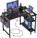 TIQLAB Small L Shaped Computer Gaming Corner Desk with Power Outlets, Reversible Shelves for Study, Writing Table for Home, Office, Bedroom, Living Room, 40 inches, Black