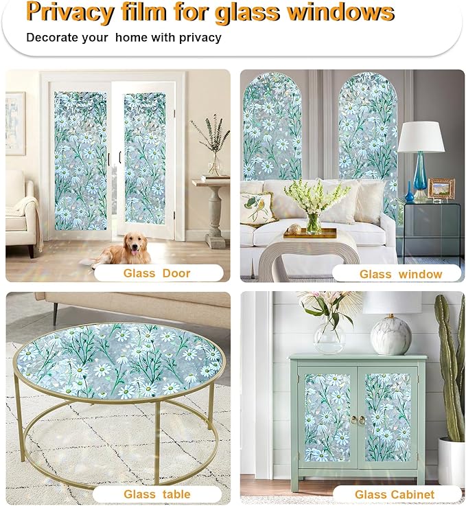 Window Privacy Film Stain Glass Window Film Rainbow Window Film Window clings Non-Adhesive Reusable Decorative for Room (Daisy Rainbow, 35.4 x 157.4 in)