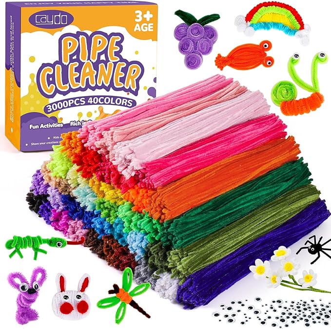 Caydo 3000 Pieces Pipe Cleaners 40 Assorted Colored Chenille Stems with 100 Pieces Wiggle Eyes for Art and Crafts, Children’s Craft Supplies (6 mm x 12 inch)