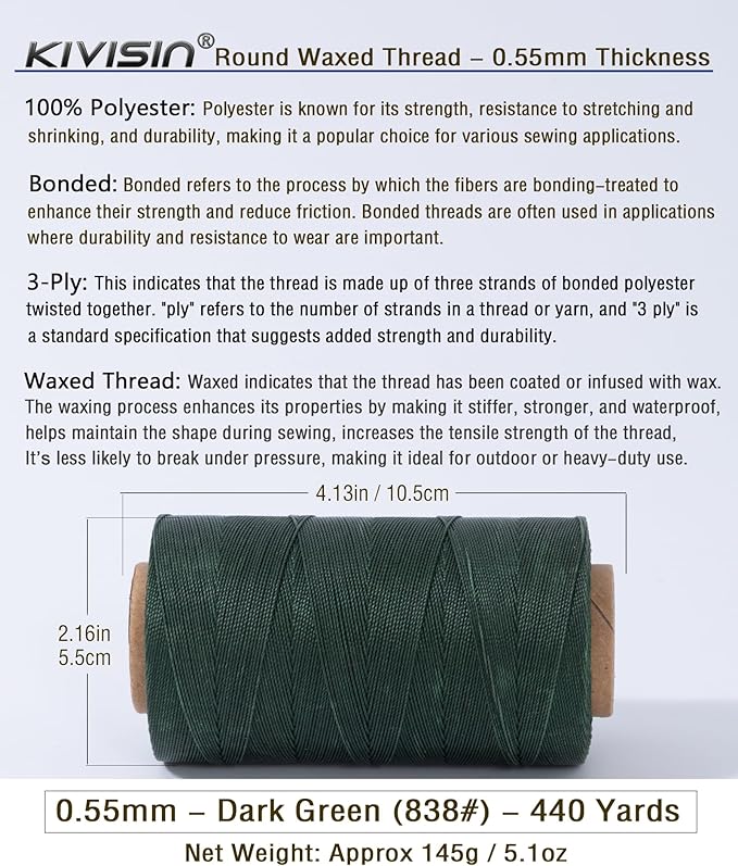 Round Waxed Polyester Thread 0.55mm, 440 Yards, Dark Green, Stiff 3 Ply Leather Wax String for Hand Sewing, Beading, Knotting, Book Binding, Upholstery, Macrame Jewelry and Bracelets Making