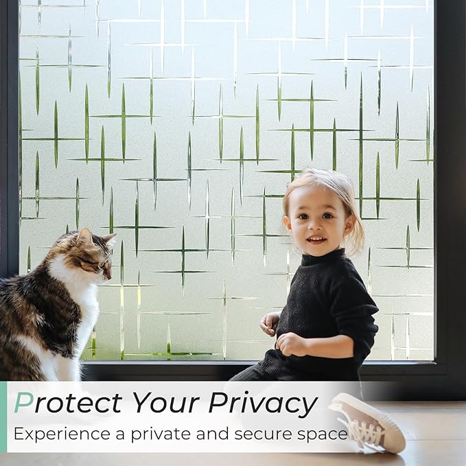DOWELL Window Privacy Film Frosted Glass Window Film, Sun Blocking Non-Adhesive Glass Cling, Decorative Door Sticker, Self Static-Cling Tint Covering for Home Office, Cross Pattern 17.5" x 78.7"