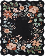 Beeiva Washable Rugs 8x10 for Living Room - Scalloped Floral Printed Soft Non Slip 8 x 10 Area Rug for Dining Room Boho Flower Ultra-Thin Aesthetic Carpet for Kids Room Dorm Office(Black,8x10ft)
