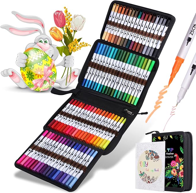 ZSCM 72 Colors Markers for Adult Coloring Books No Bleeding - Dual-Tip Art Markers, Fine & Brush Tip Coloring Pen for Adult Calligraphy, Drawing, Sketch Art & Creative Journaling