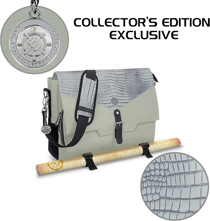 ENHANCE Collector's Edition RPG Player's Essentials DnD Bag - Dragon Hide Exterior Messenger Bag Fits 2-4 Books, Binders, Dice & Accessories, with 17 inch Laptop Slot, Battlemap Straps (Dragon Silver)