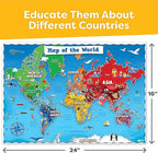 World Map Poster & Map of the United States For Kids - 2pc Set - 24” x 16” USA & World Map For Kids Waterproof Classroom Posters Must Haves - Classroom Decor Educational Posters For Toddlers 1-3