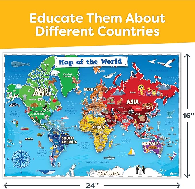 World Map Poster & Map of the United States For Kids - 2pc Set - 24” x 16” USA & World Map For Kids Waterproof Classroom Posters Must Haves - Classroom Decor Educational Posters For Toddlers 1-3