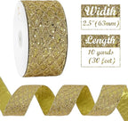 HUIHUANG Gold Glitter Wired Ribbon for Christmas Tree 2.5 inch Gold Diamond Mesh Ribbon for Tree Decoration, Wreaths, Garland, Gift Wrapping, Large Bows Making, Home Decor -10 Yards
