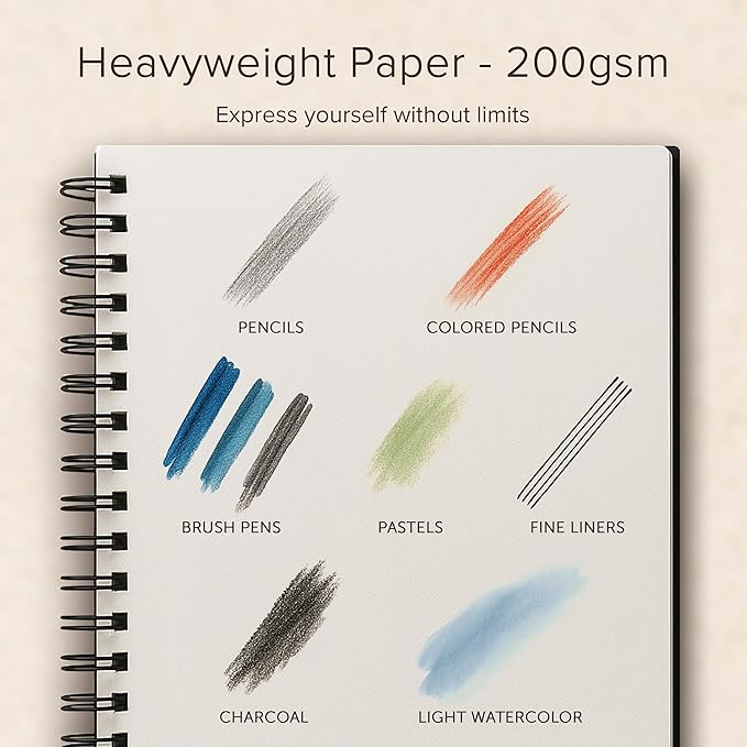 Artist’s Sketchbook Hardcover – 200GSM Very Thick Paper – Large, Spiral Sketch Book for Drawing and Mixed Media – Sketch Pad, Art Book - 8.25 x 11.4, 40 Sheets / 80 Pages