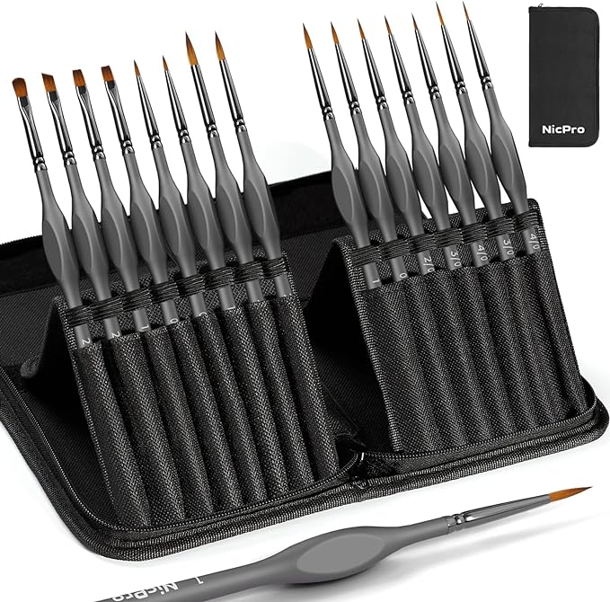 Nicpro 15 Pack Miniature Painting Set, Fine Detail Paint Brushes for Models, Acrylic Watercolor Oil, Ceramic, Shoe, Art Figure Paint by Number - Thin Artist Kit Nylon Holder