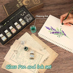 Mancola Glass Dipped Crystal Calligraphy Pen Set with 5 Colorful India Ink, 1 Pen Holder, 1 Cleaning Cup, Ink Drip Tool, Signatures, Drawing, Decoration Kits for Beginners