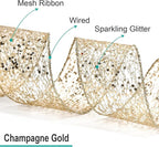 CT CRAFT LLC Sparkling Glitter Mesh Wired Ribbon 4" x 10 Yards Champagne Gold for Christmas Home Decor Bow Gift Wrapping DIY Crafts Wreath