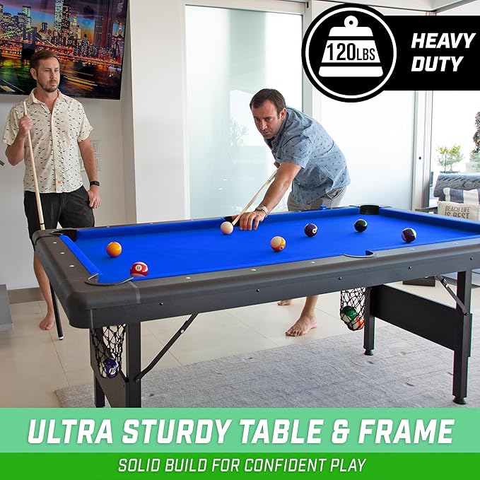 GoSports 6, 7, or 8 ft Billiards Tables - No Assembly, Choose Your Color - Portable Pool Table Includes Full Set of Balls, 2 Cue Sticks, Chalk and Felt Brush