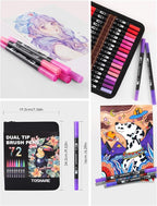 Dual Tip Markers, Double Brush Art Markers Set with Fine Tip and Brush Tip for Adult Coloring Book, Hand Lettering, Calligraphy & Drawing, Art Supplies Kit for Kids and Adults (72 Colors)