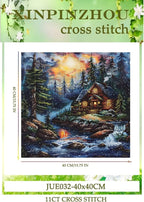 Xinpinzhou Creek Landscape 11ct Cross Stitch Kits, 11 CT Funny Pre Printed Counted Stamped Cross Stitch Embroidery Needlepoint Needlework Patterns Kits for Beginners Adults Crossstitch 40x40 cm