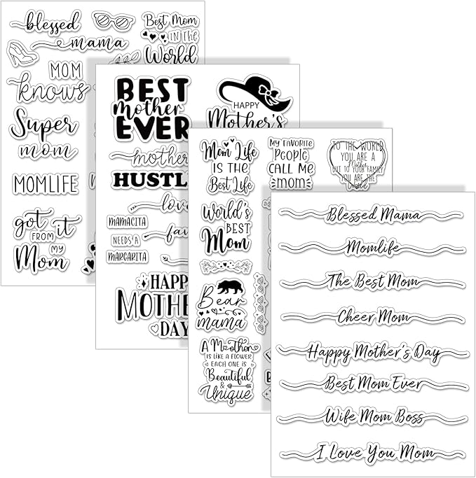Whaline 4 Sheets Mother's Day Clear Stamps Greeting Words Silicone Transparent Stamps for DIY Craft Card Making Scrapbooking Embossing Album Decor