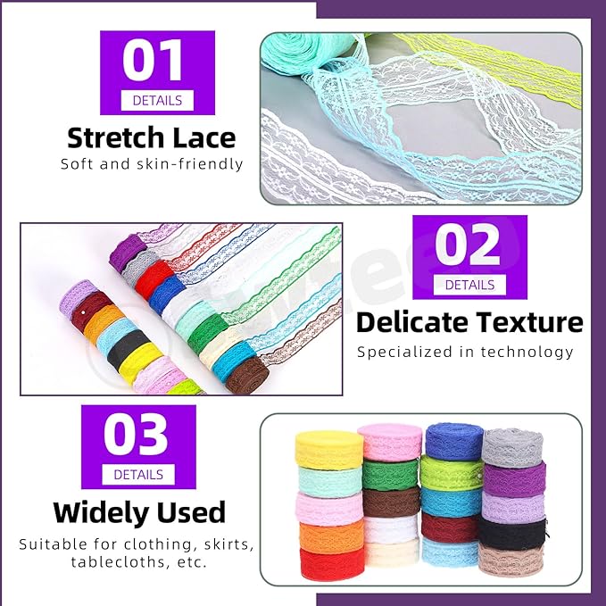 Swpeet 20 Rolls in Total 200 Yards 2.2cm×10 Yards Colorful Lace Ribbon Unilateral Floral Pattern Fabric Lace Ribbon, Lace Trim Ribbon Crafting Lace for Wedding Decorating, Sewing Gift Wrapping