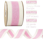 MEEDEE Pink White Stripe Wired Burlap Ribbon with Ivory Stripes Edge - 2.5 Inch, Light Pink (10 Yards) for Wreaths, Garland, Lantern, Mailbox Topper Bow