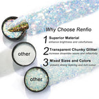 Renfio Opal Chunky Glitter, 1.75oz/50g Silver Glitter, Dreamy High Sparkle Glitter for Crafts Holographic Fine Glitter Mix Iridescent Glitters Flake for Resin Nails Art Hair DIY Snow Globe - Azure Sea