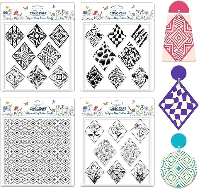 CHGCRAFT 4 Pcs Rhombus Pattern Polymer Clay Texture Sheets Abstract Art Silicone Texture Stamp Rhombus Flowers Modeling Pattern Pad Sheets for Jewelry and Earrings Tools, 5.5x5.5 inch