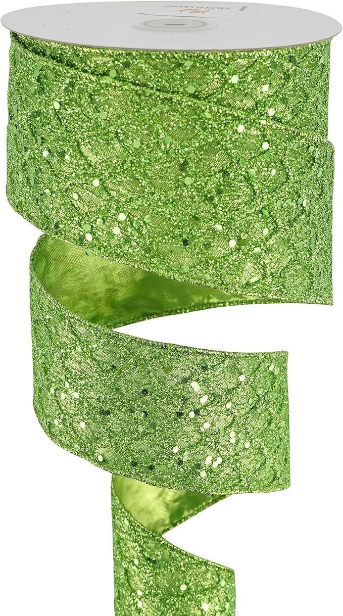 HUIHUANG Lime Green Wired Ribbon for Christmas Tree 2.5 inch Lime Green Glitter Diamond Mesh Ribbon for Tree Decoration, Wreaths, Garland, Gift Wrapping, Bows Making, Halloween Decor -10 Yards