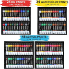179Pcs Professional All-in-One Art Painting Kit with Aluminum & Beech Wood Easel, 96 Acrylic, Watercolor & Oil Paint Set, Complete Art Supplies Painting Set for Adults, Artists, Beginners