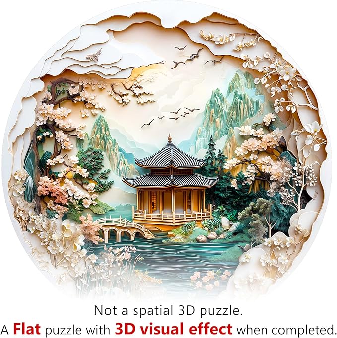 KAAYEE Wooden Puzzles for Adults, 3D Visual Effect Chinese Landscape Painting Wooden Jigsaw Puzzle Unique Shape Wood Puzzle Adult, 3D Effect Flat Puzzle Birthday Family Games (M-11.4*11.4 in-200pcs)