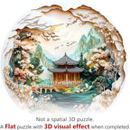 KAAYEE Wooden Puzzles for Adults, 3D Visual Effect Chinese Landscape Painting Wooden Jigsaw Puzzle Unique Shape Wood Puzzle Adult, 3D Effect Flat Puzzle Birthday Family Games (S-8.5 * 8.5 in-100pcs)