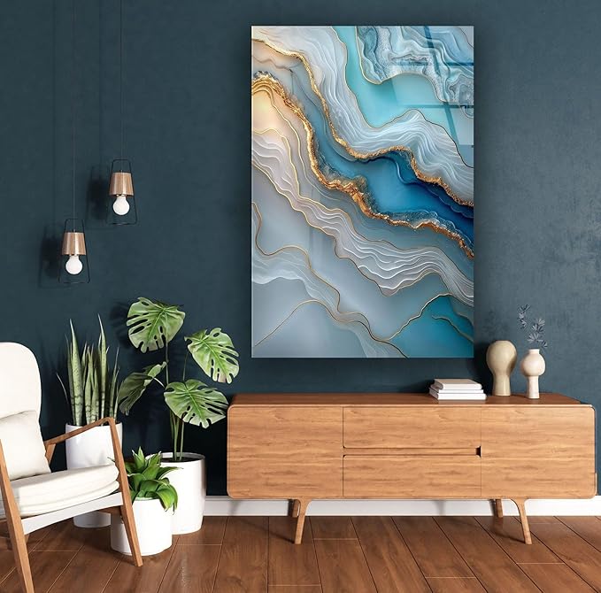 My Photostation.com 18Wx28H'' Turquoise and Blue Alcohol ink Glass Wall Art Tempered Glass Printing Wall Decor Large Wall Art Wall Hangings