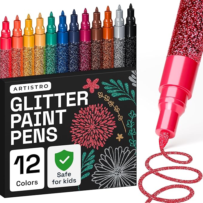 ARTISTRO 12 Glitter Paint Pens Sparkly and Shiny for Glass, Rock Painting, Ceramic, Wood, Fabric, Scrapbooking, DIY Craft Making, Coloring - Acrylic Paint Markers Extra-Fine Tip 0.7mm