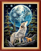 DMCVIVR Stamped Cross Stitch Kits for Adults Beginners Embroidery Kits 11CT Needlepoint Kits Cross Stitch Patterns Embroidery Patterns-Wolf Moon 16x20 inch