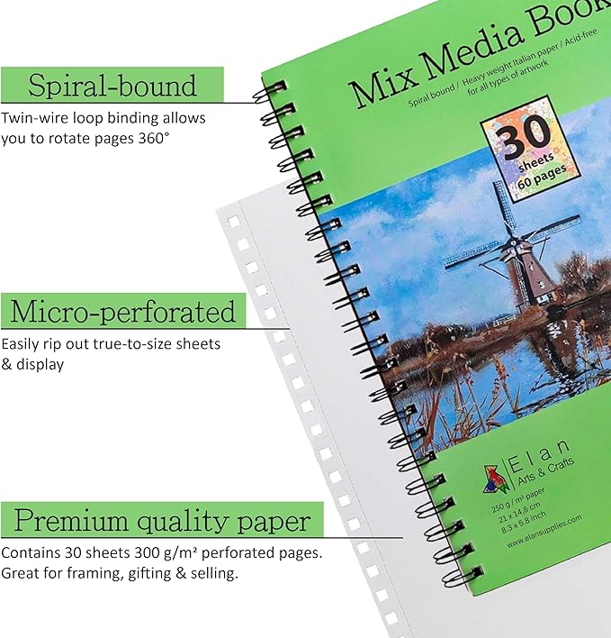 Elan A5 Mixed Media Journal, 30 Sheets Italian Paper 110 lb/250 GSM, Acid-Free Mixed Media Sketchbook 8.3x5.8 Inch, A5 Sketchbook Spiral Bound