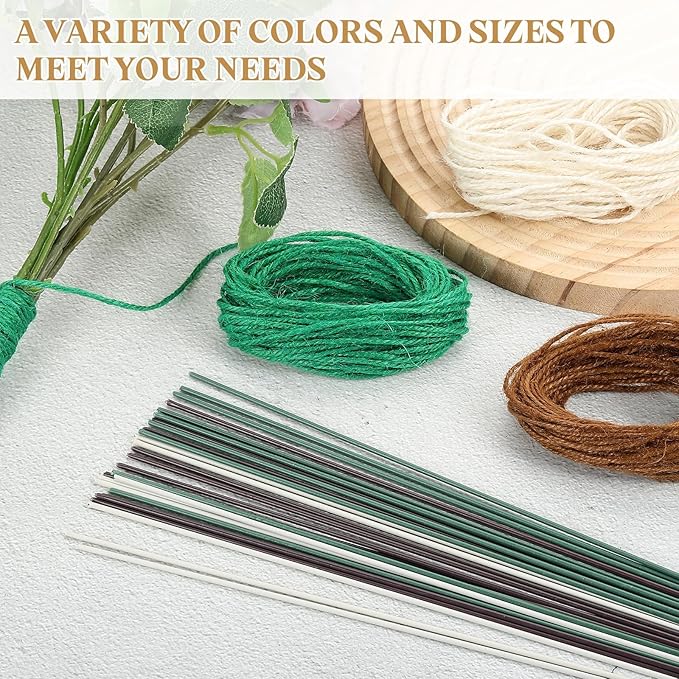 uxcell 50Pcs 2 Gauge Floral Wire, 11.81" Length Flower Stem Wires with 0.08" x 32.8ft Twine for Wreath Making, Flower Arrangement, Green