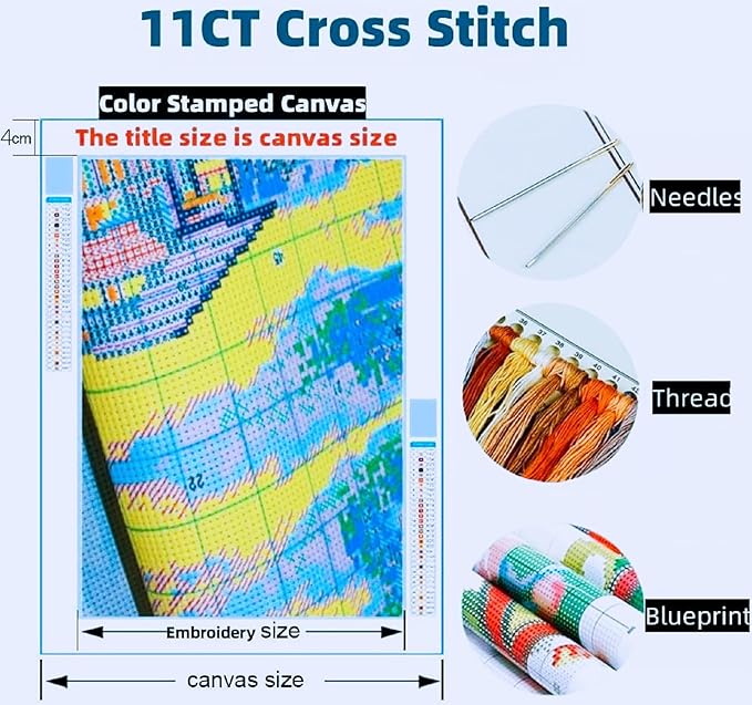 Joyhoor Stamped Cross Stitch Kits for Beginners, Needlepoint Kits for Adults, 11CT Counted Embroidery Kits-Magic Cat 18x18 inchs