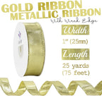 MEEDEE Gold Wired Woven Metallic Ribbon - 1 inch, 25 Yards for Gift Wrapping, Bows, Wreaths, Graduation, Wedding & Party Decorations