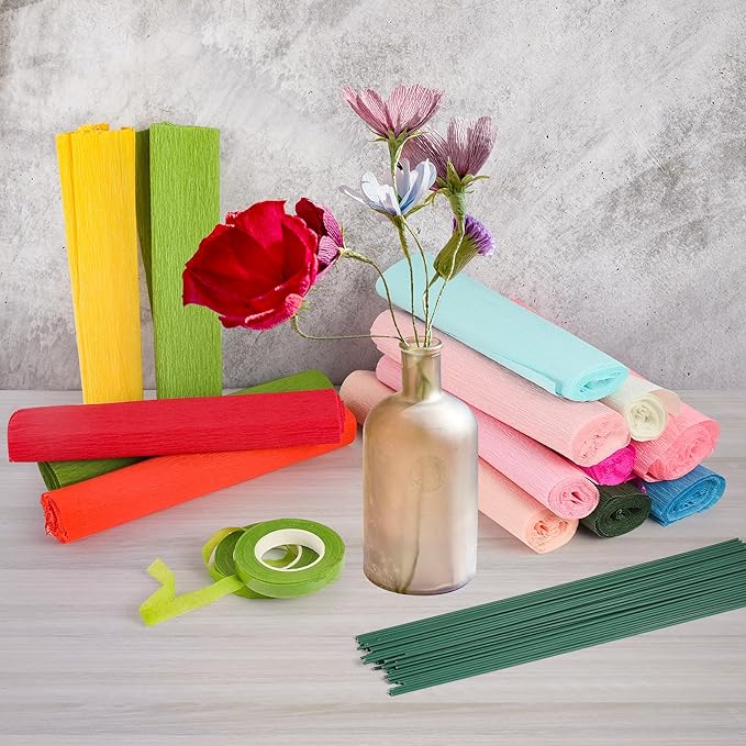 72Pcs Crepe Paper Flower DIY Kits, 20 Colors Crepe Paper Rolls 8.2ft Long 9.84 Inch Wide, 50 Pcs Green Floral Iron Wire and 2 Roll Green Tape for Birthday Parties Weddings Festival Decoration