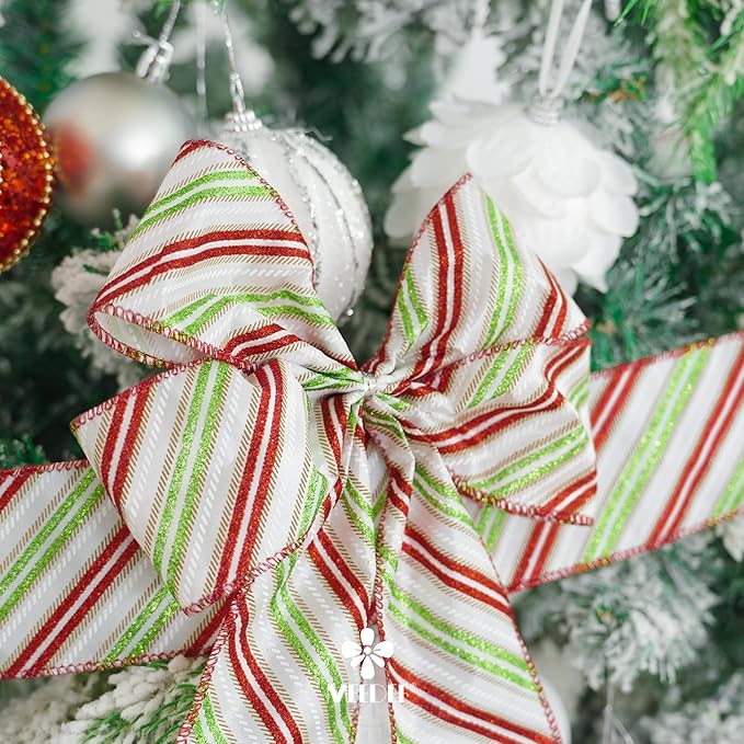 MEEDEE Red and Green Diagonal Striped Ribbon 2.5 Inch White Satin with Lime Green and Red Glitter Wired Ribbon for Christmas Tree, Garlands, Wreaths, Topper Bow (10 Yards)