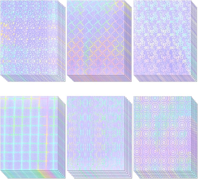 36 Sheets Holographic Sticker Paper, Clear Vinyl Laminate Film for Stickers Self-Adhesive, Transparent Overlay Lamination Sticker Paper Waterproof, 6 Patterns-8.5x11 Inch